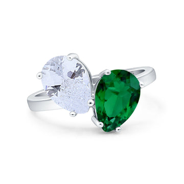 Teardrop Pear Art Deco Wedding Ring Simulated Green Emerald CZ 925 Sterling Silver